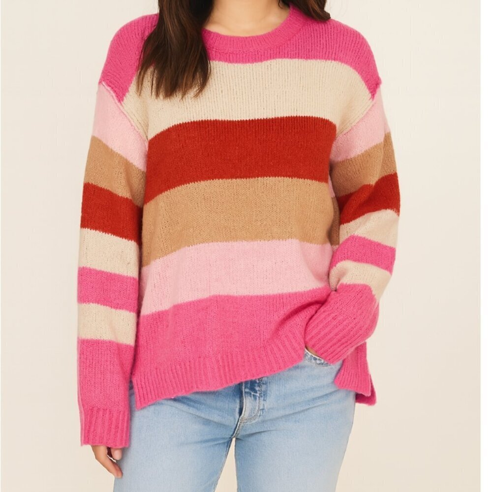 JODIFL Women's Multicolor Striped Long Sleeve Crew Neck Knit Sweater small